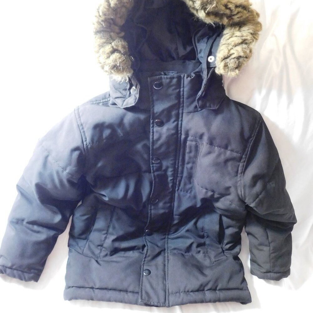 Swiss Tech Kids Parka Coat Black with Faux Fur Hood Size 6-7